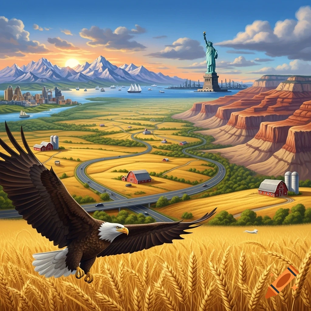 A bald eagle flies over a golden wheat field, with a sprawling American landscape featuring mountains, cities, canyons, and the Statue of Liberty under a vibrant sky.