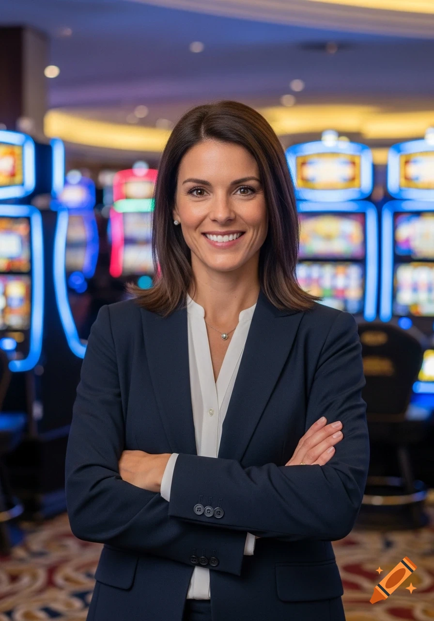 Photorealistic portrait of a smiling woman in a business suit, arms crossed, standing in a casino with blurred slot machines in the background.