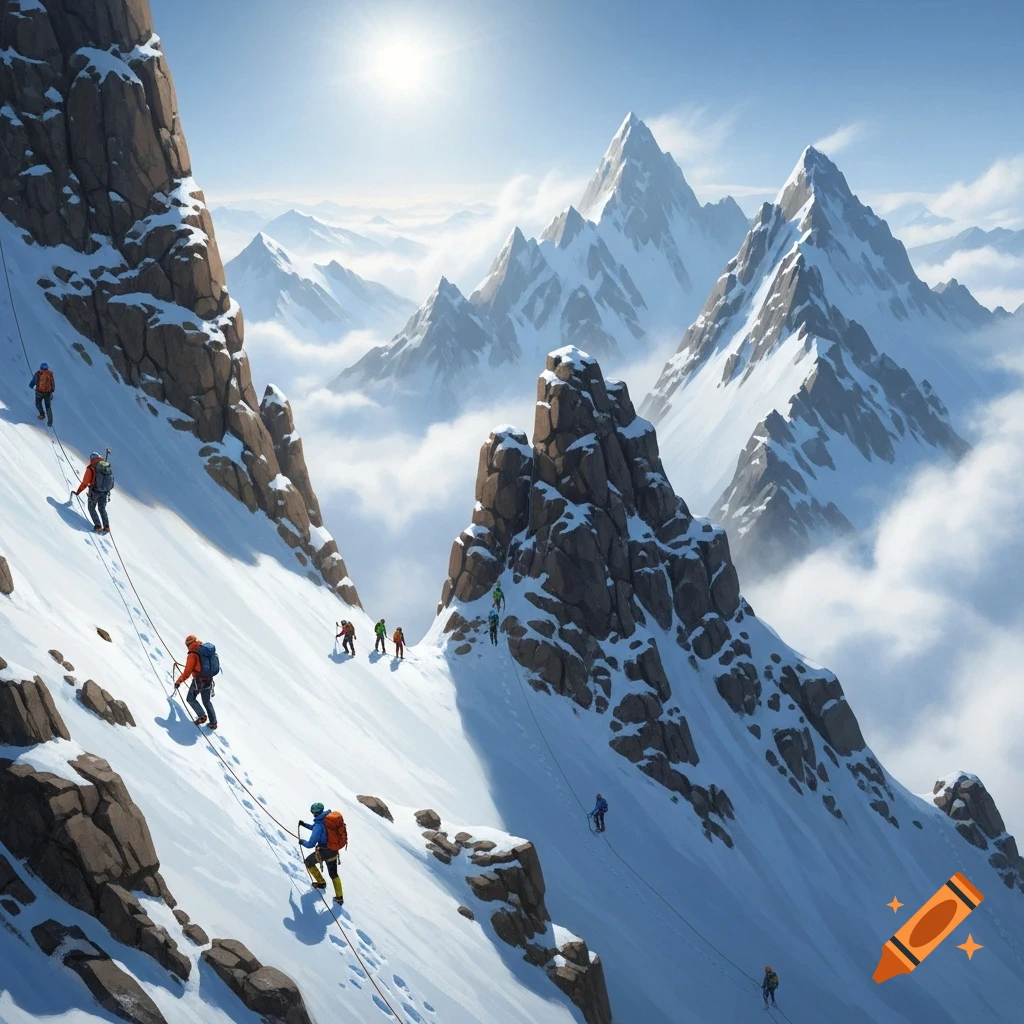 Mountain climbers ascend a snowy, rocky peak under a bright sun, with other mountains and clouds in the distance. Photorealistic.
