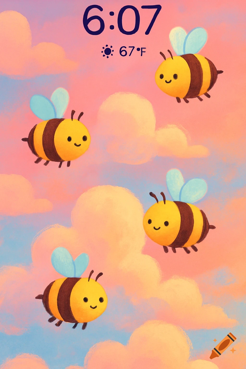 Four cute cartoon bees float in a pastel sky with soft pink and blue clouds, showing '6:07' and '67°F' at the top.