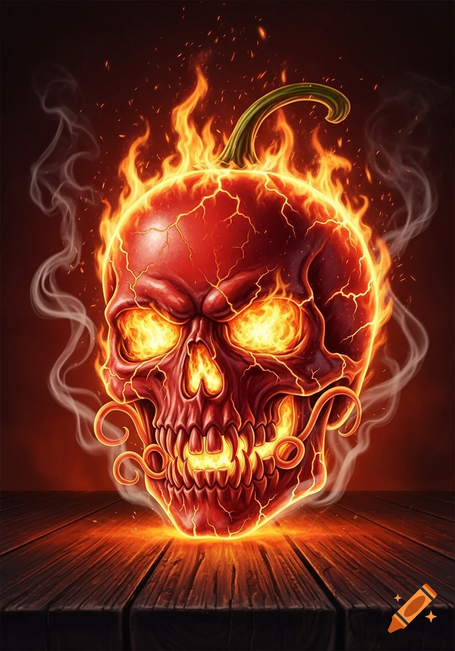A fiery red skull, stylized as a hot pepper with a green stem, glows intensely with flames and smoke on a dark wooden table.