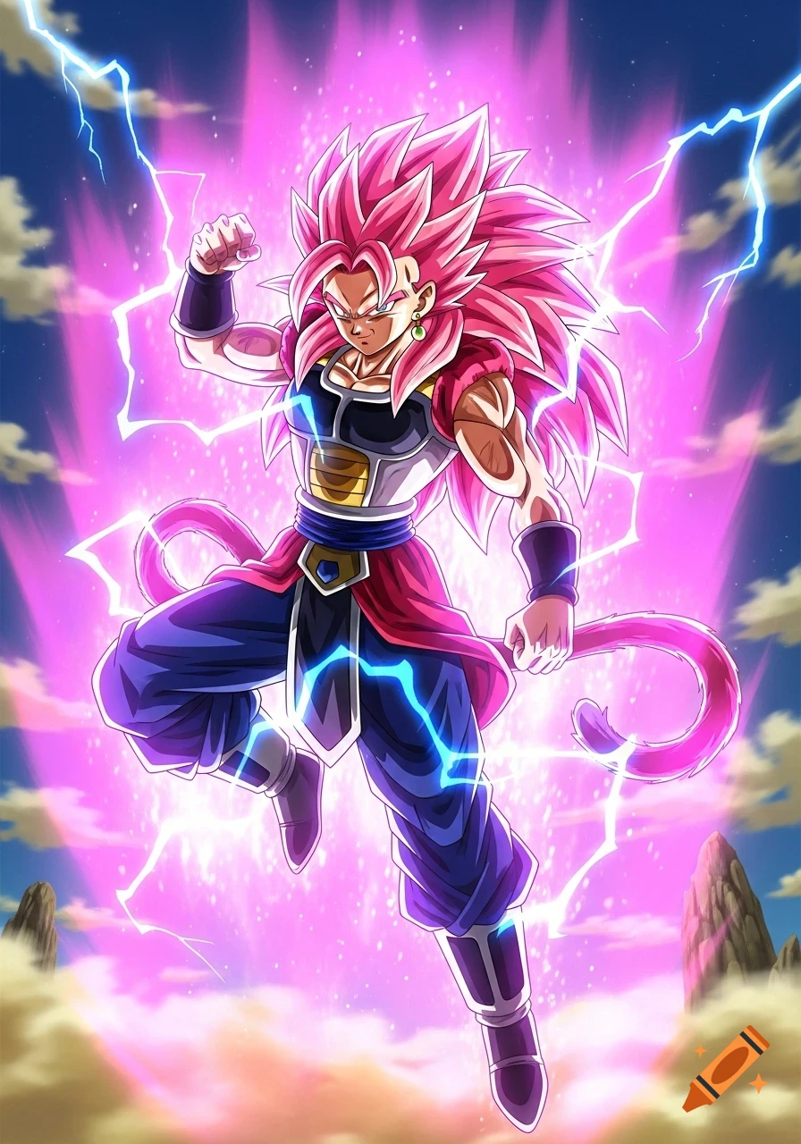 Anime character with pink spiky hair, tail, and battle armor, flexing amid pink energy and lightning.