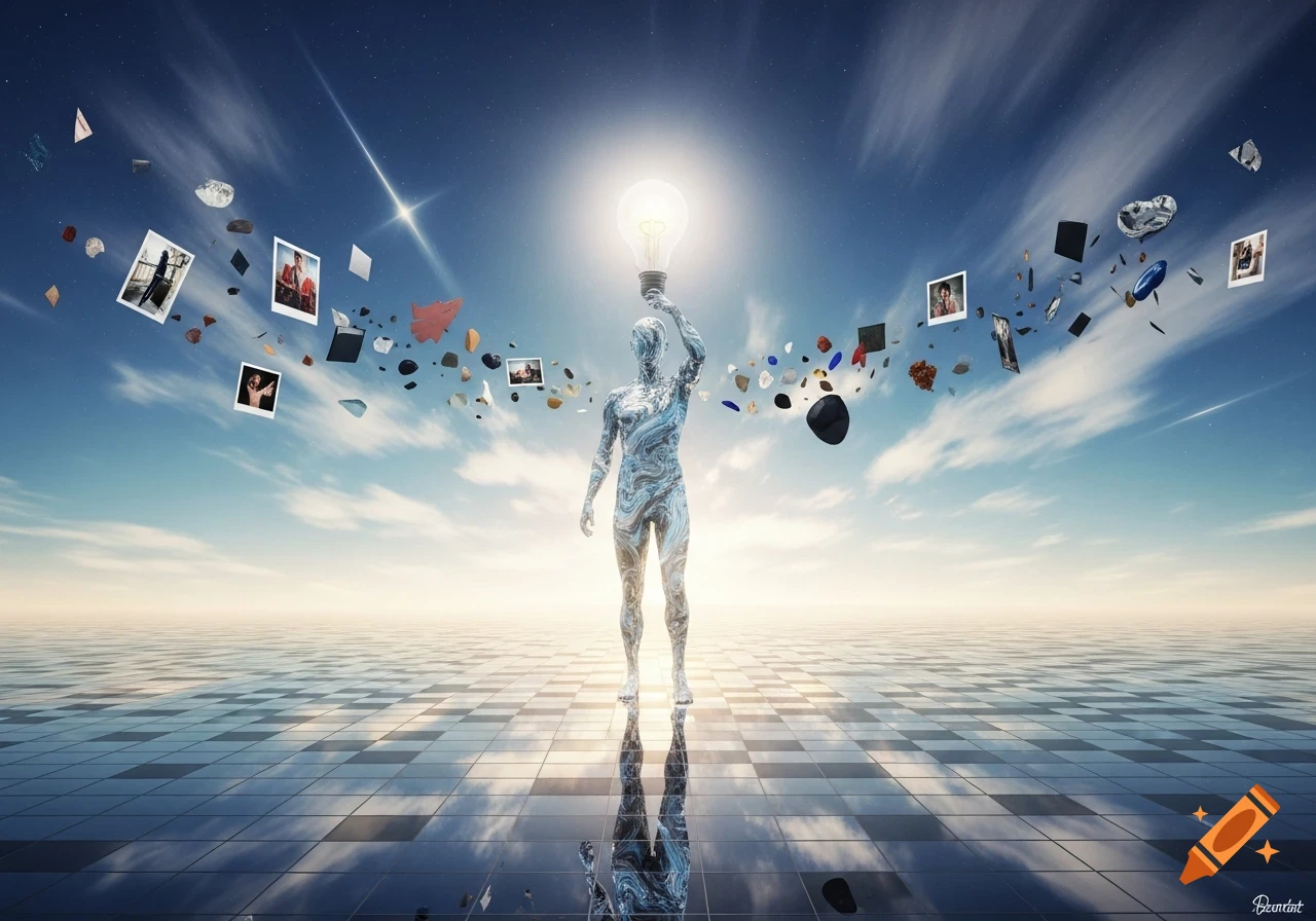 A stylized reflective figure stands on a checkerboard ground under a vast sky, holding a glowing lightbulb, with photos and objects floating around.
