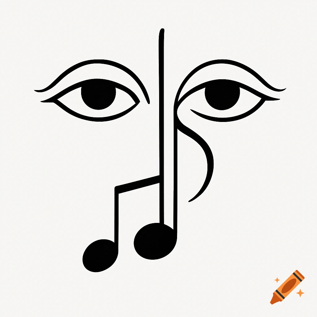 Minimalist black and white line art of a stylized face composed of two eyes and musical notes.