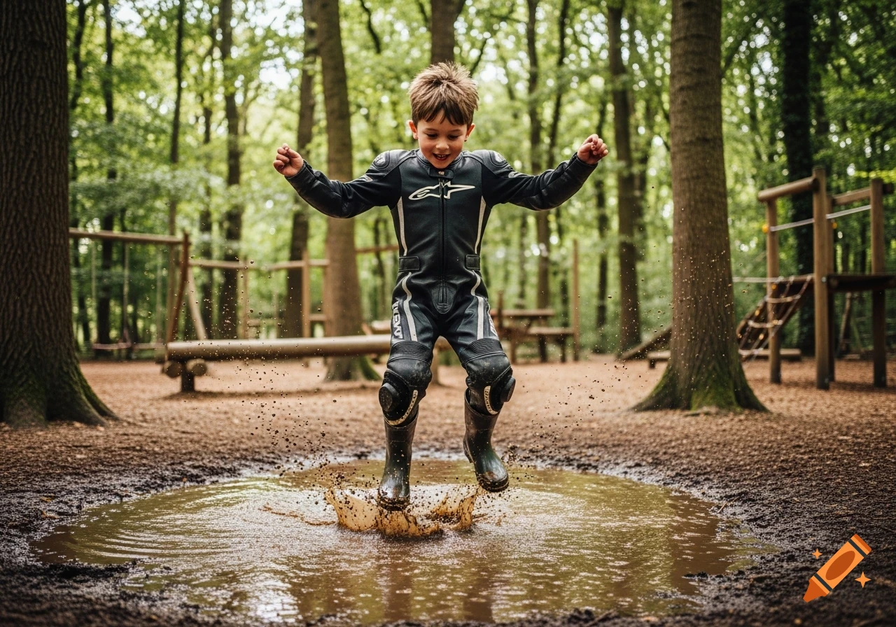 A young boy in a black motorbike leather suit and rain boots jumps in a muddy puddle in a forest playground.