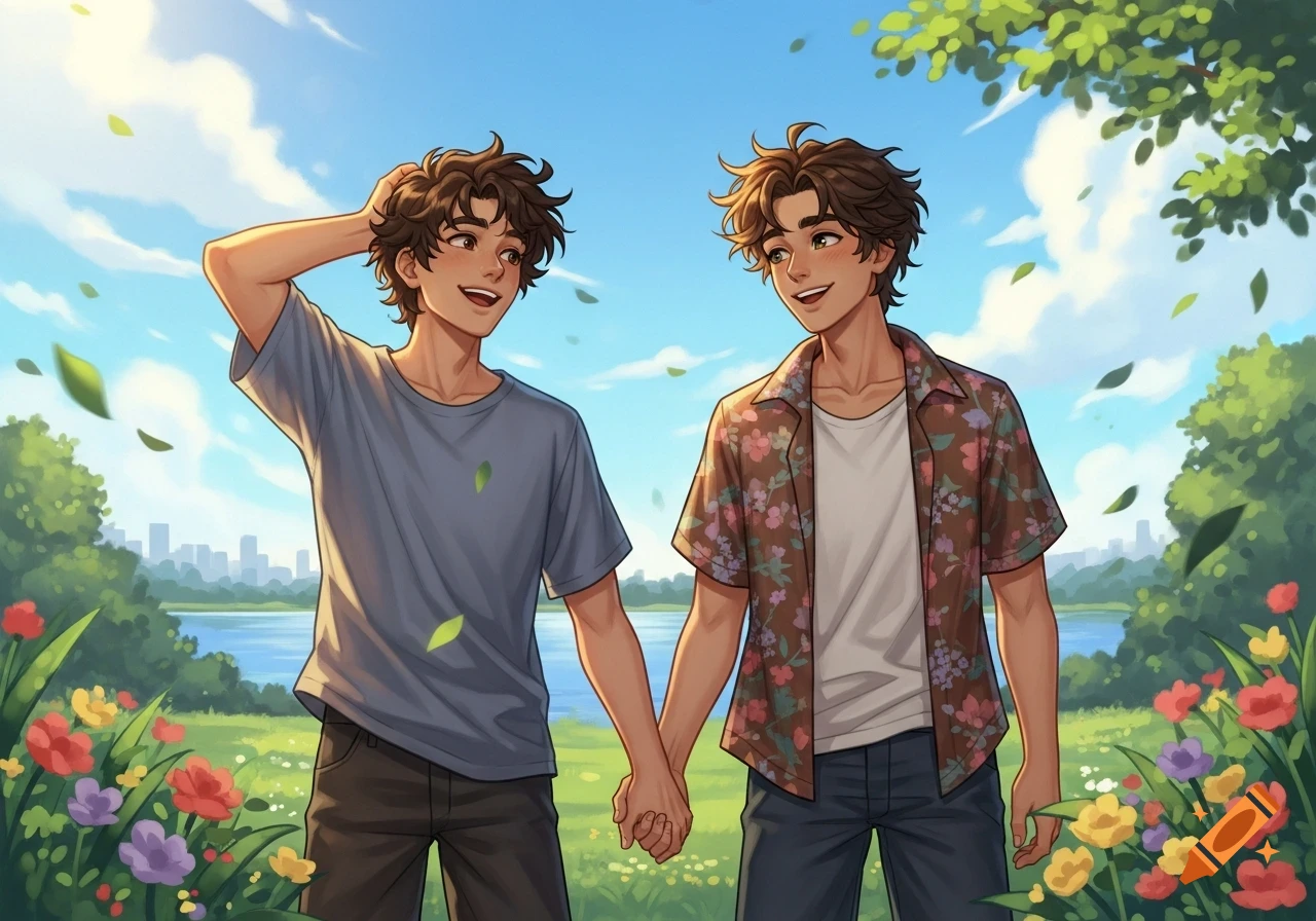 Anime illustration of two smiling young men with brown hair and tan skin holding hands in a sunny park filled with flowers and trees, with a lake and city skyline in the background.