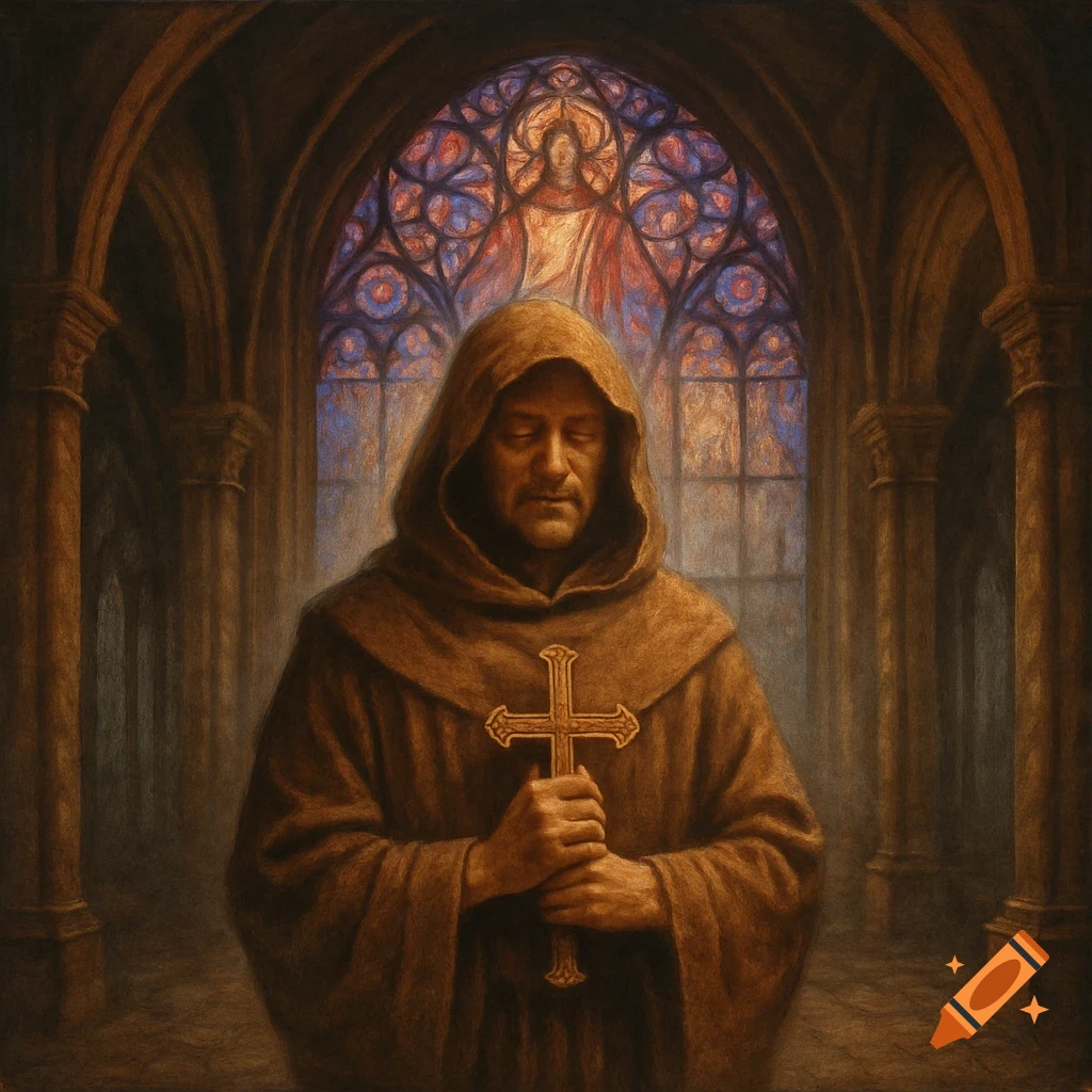 A hooded monk with closed eyes holds a golden cross in a dimly lit church with a stained glass window.