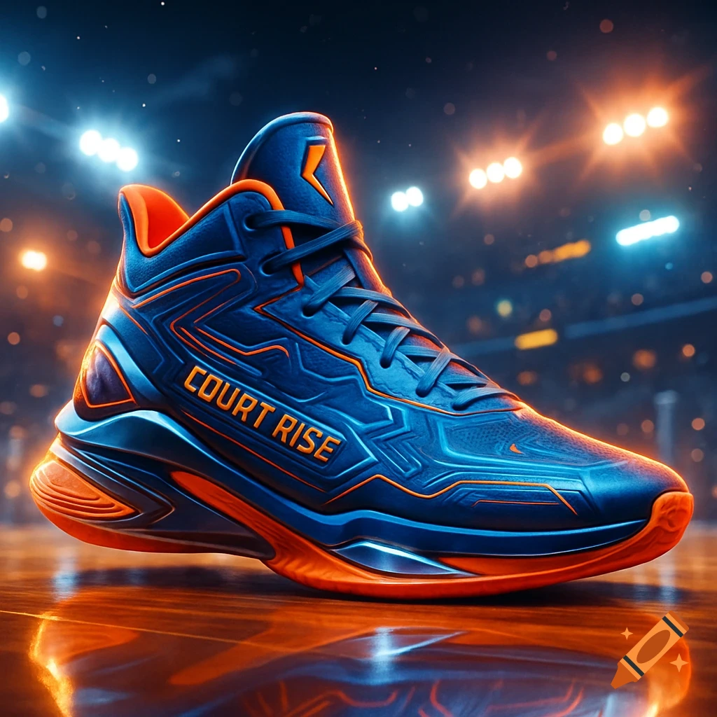 A stylized blue and orange basketball shoe with 'COURT RISE' on the side, on a reflective court with stadium lights.