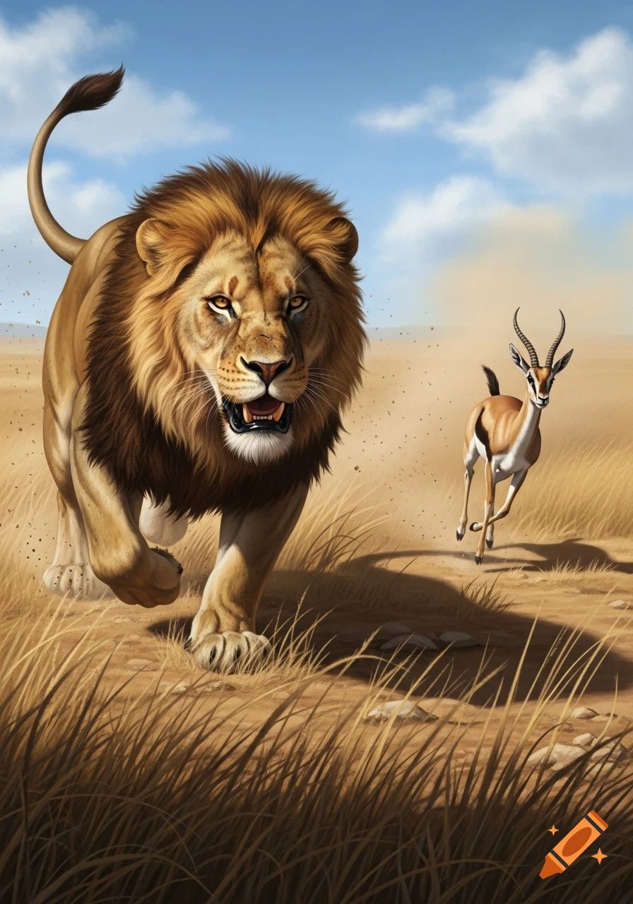 A powerful male lion runs through a dry savanna, chasing a smaller gazelle under a blue sky with scattered clouds.