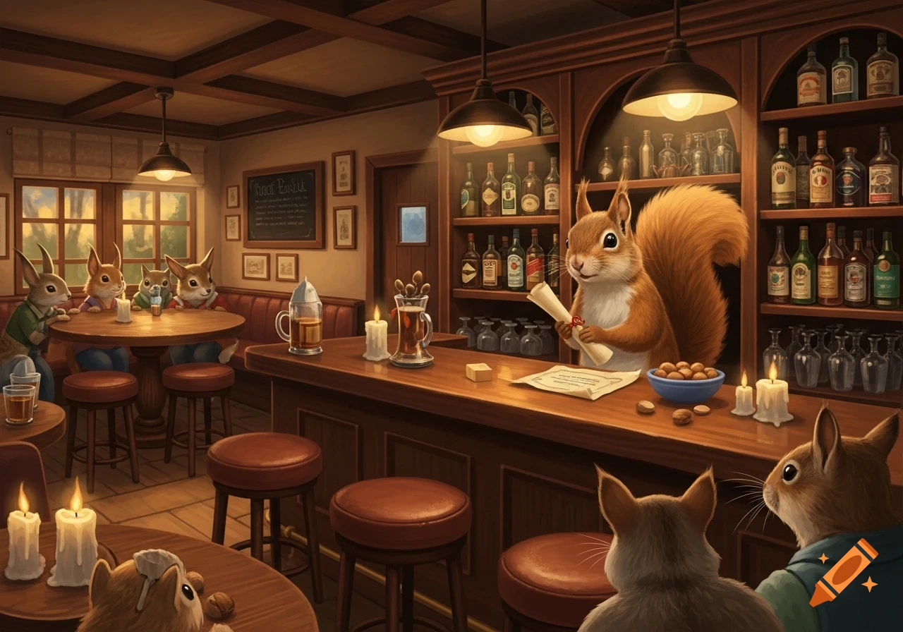 Anthropomorphic squirrel bartender holds a scroll behind a bar, serving drinks to rabbits in a cozy pub, storybook style.