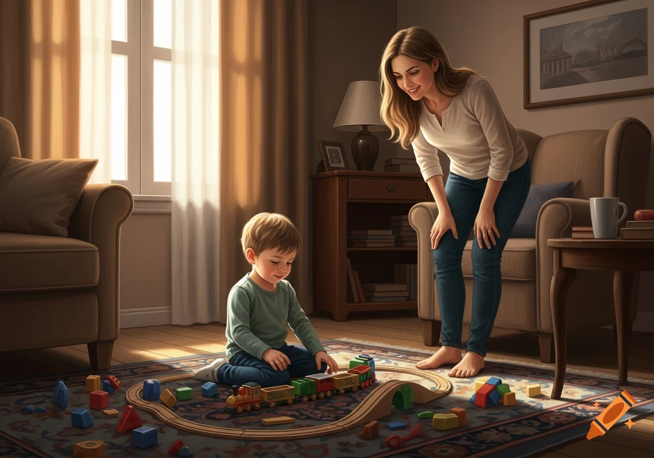 A smiling mother watches her young son play with a wooden train set and colorful blocks on a patterned rug in a sunlit living room.