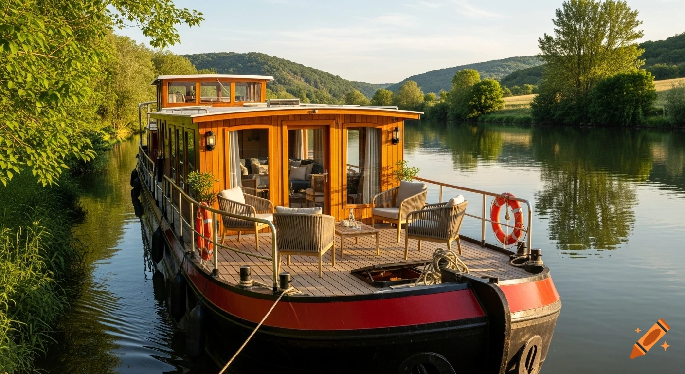 A charming wooden hotel barge with a deck and seating floats on a calm river amidst lush green hills at sunset.