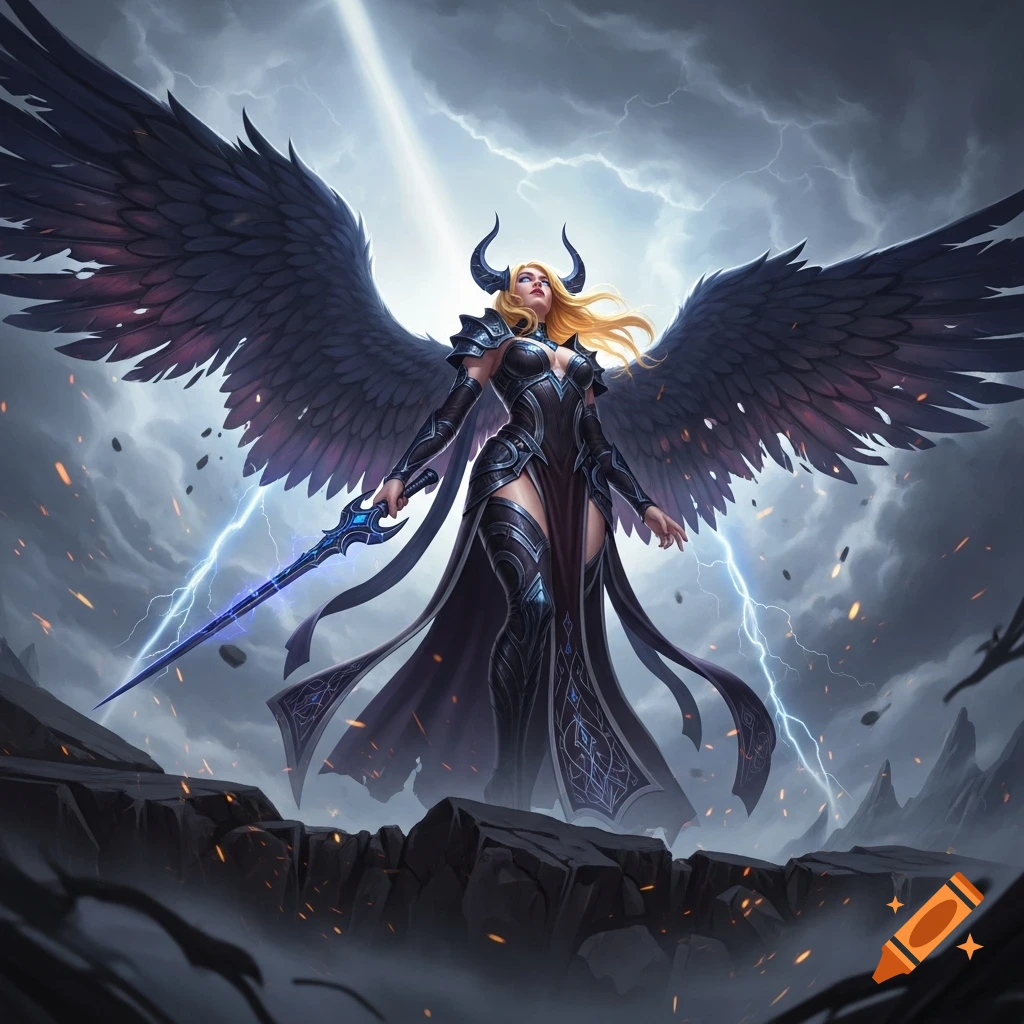 A powerful fallen angel-like warrior with large black wings and horns, holding a glowing blue sword, stands on rocks under a stormy, lightning-filled sky.