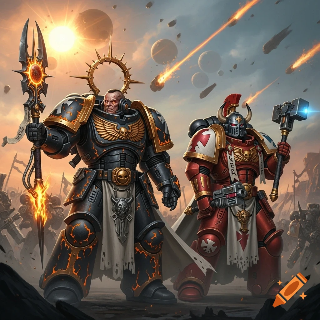 Two heavily armored warriors, one in black with glowing orange fissures and one in red and white, stand on a battlefield under a sky with planets and falling meteors. The left warrior wields a glowing staff, the right a large hammer.
