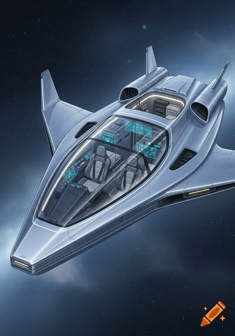 A sleek silver starship with a transparent cockpit and visible interior flying through a starry space background.