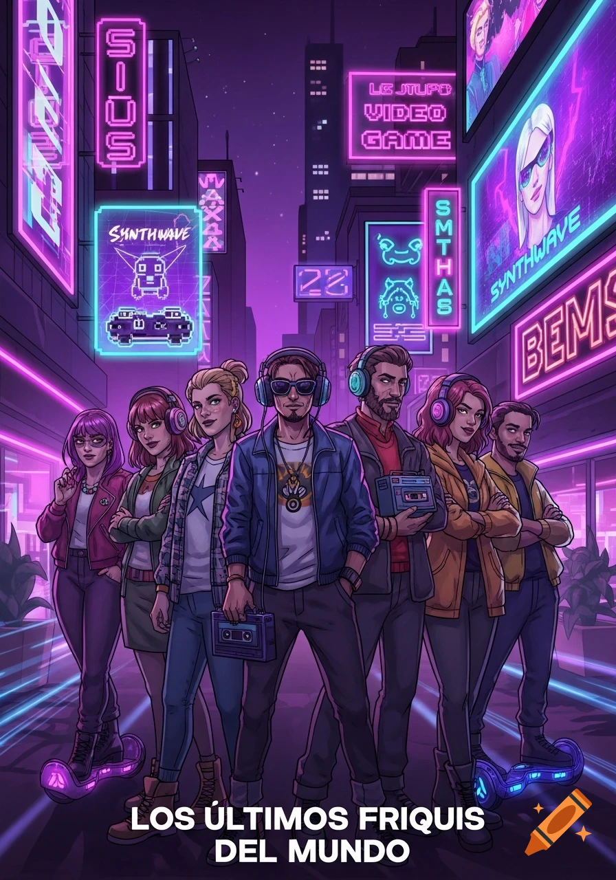A group of friends in a futuristic city at night, illuminated by purple and blue neon lights with retro-futuristic signs. They wear headphones and hold old-school gadgets like cassette players and hoverboards, in a synthwave art style.