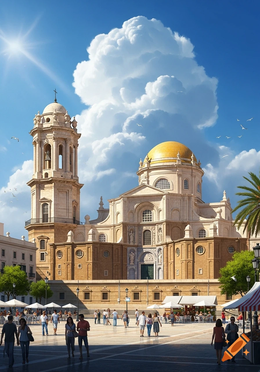 Photorealistic view of the Cadiz Cathedral with its golden dome and bell tower, people stroll in the sunlit plaza below.