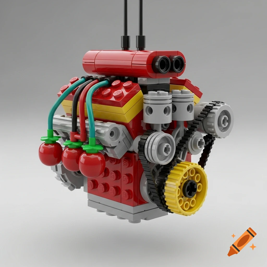 A detailed Lego model of a red and yellow car engine with pistons, gears, and hoses, against a grey background.