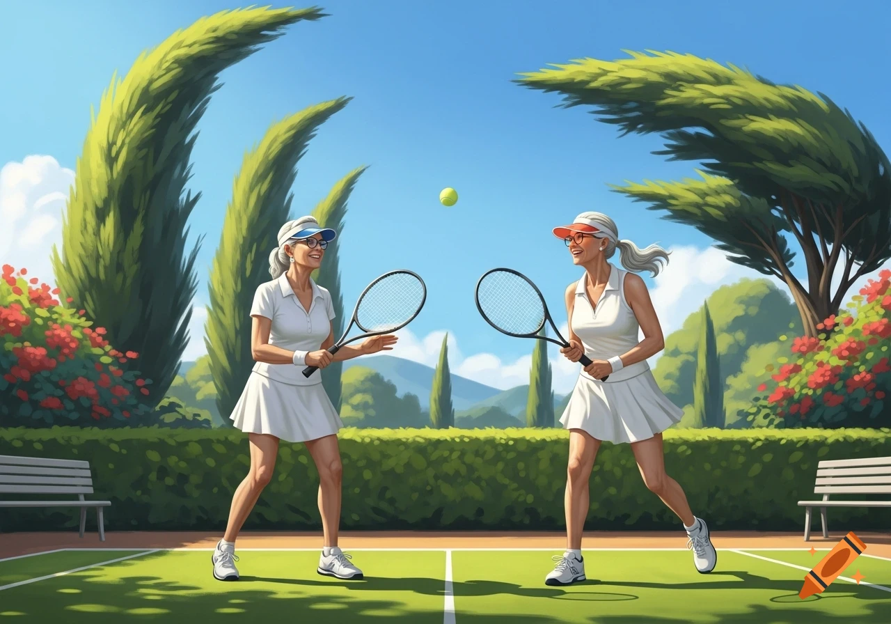 Two elderly women play tennis on a sunny outdoor court surrounded by lush greenery and tall trees.