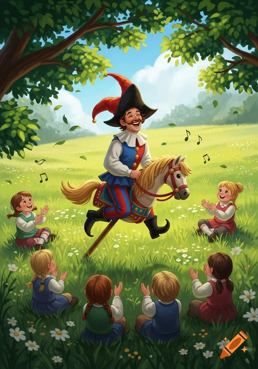 A whimsical illustration of a laughing jester riding a hobby horse in a sunny meadow, surrounded by clapping children.