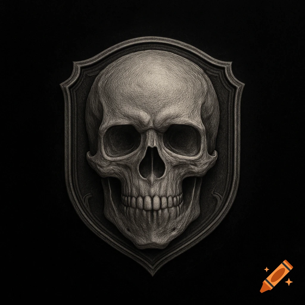 A detailed monochrome gray skull in a naturalistic style, set within an ornate shield emblem against a black background.