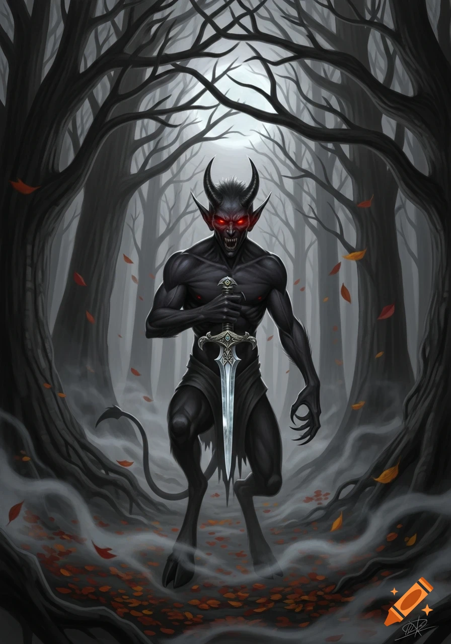 A stylized dark fantasy illustration of a horned, red-eyed demon holding a sword in a misty, dark forest with autumn leaves.