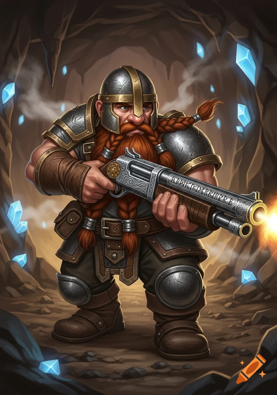 A heavily armored dwarf with a braided red beard fires a decorative shotgun in a crystal-filled cave.