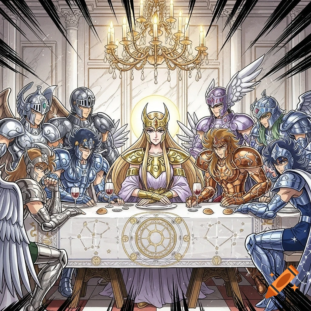 Athena and the Zodiac Knights gather around a long table in a manga-style parody of The Last Supper.