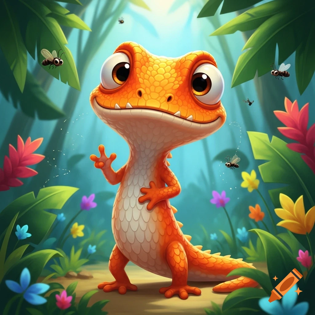 A cute, orange cartoon lizard with big eyes stands on its back legs and waves in a vibrant jungle with flowers and flying insects.