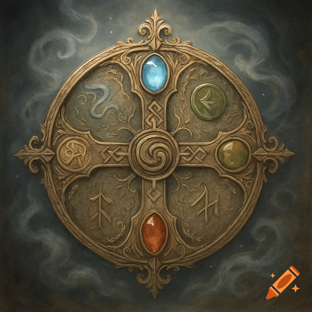 An ornate golden medallion with four colorful gems and various engraved symbols, set against a dark, smoky background.