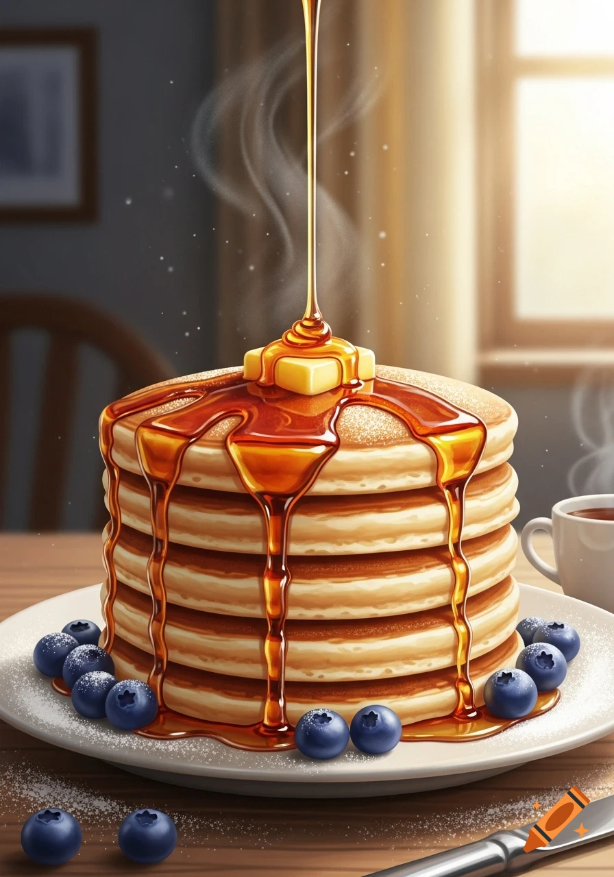 A stack of fluffy pancakes with butter, maple syrup, and blueberries on a white plate. Coffee and a sunlit window are in the background.