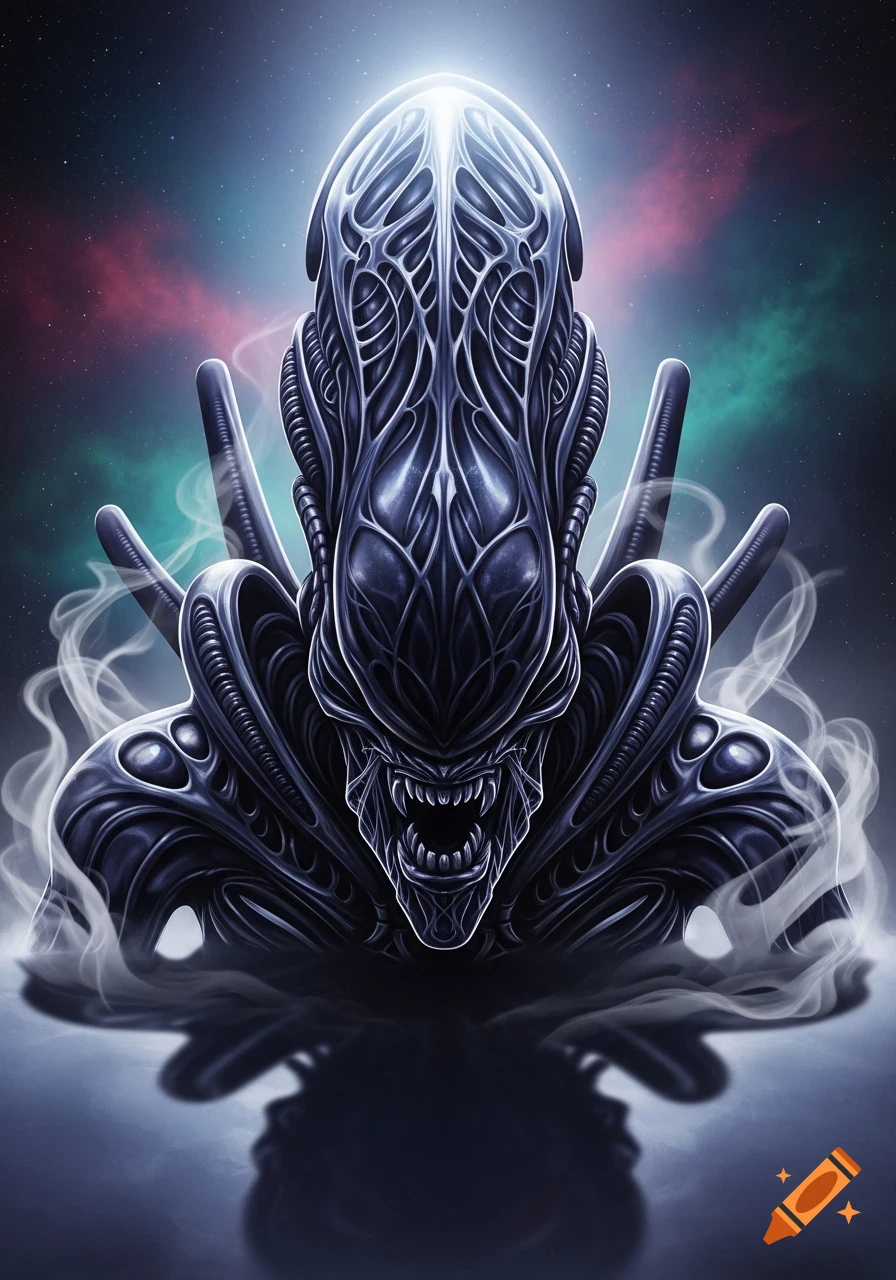 Stylized, dark, abstract xenomorph-like alien creature with a glowing head, sharp teeth, and smoke, against a cosmic background.