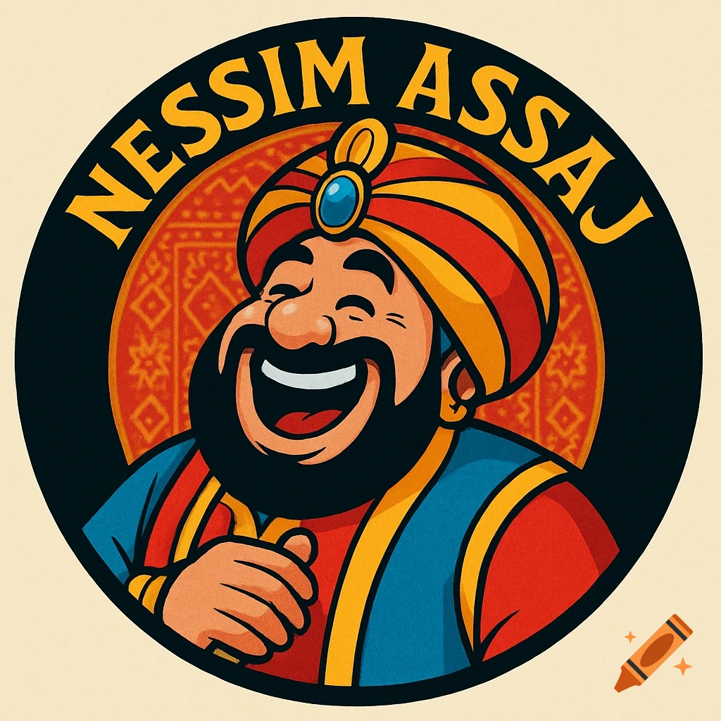 A round cartoon logo featuring a laughing Arab sultan in a turban, set against an oriental pattern, with 'Nessim Assaj' at the top.