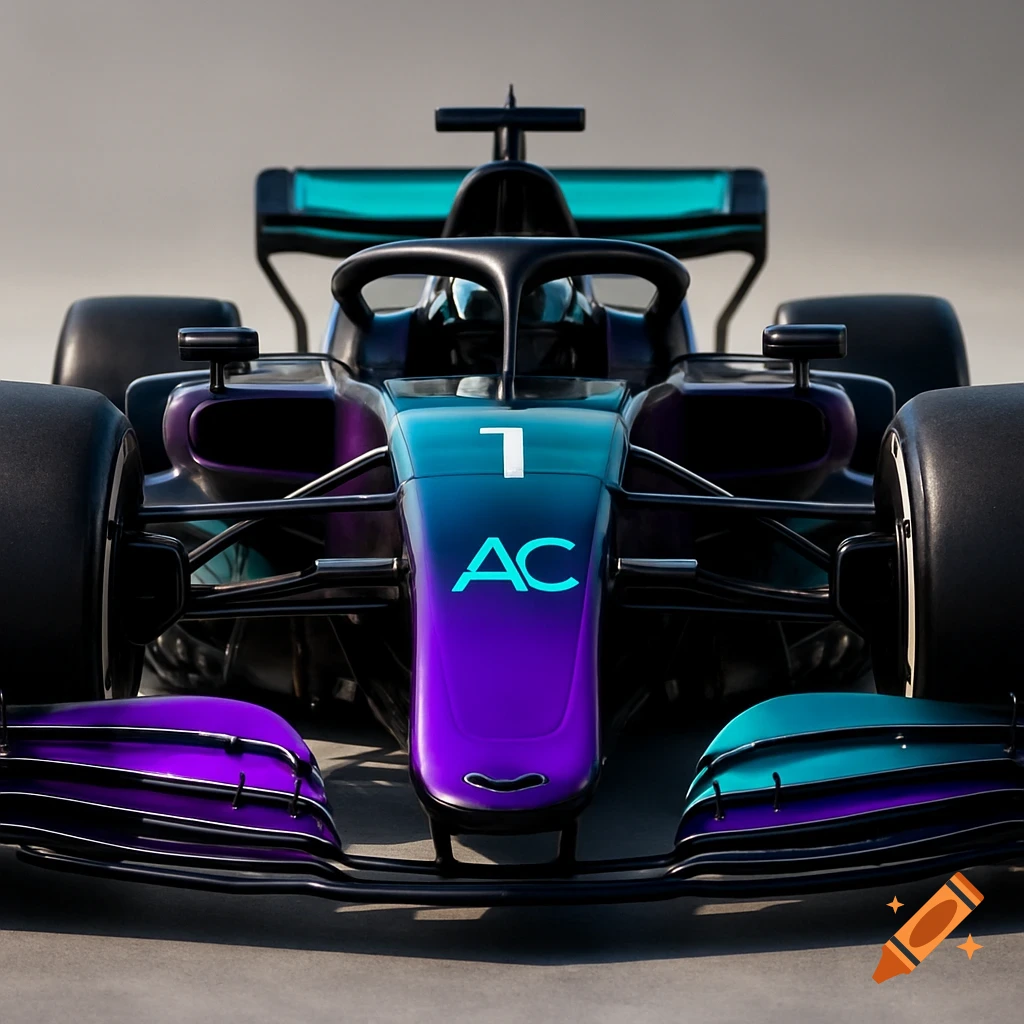 Hyper-realistic front view of a Formula 1 race car in black, purple, and teal, with '1' and 'AC' on its nose.