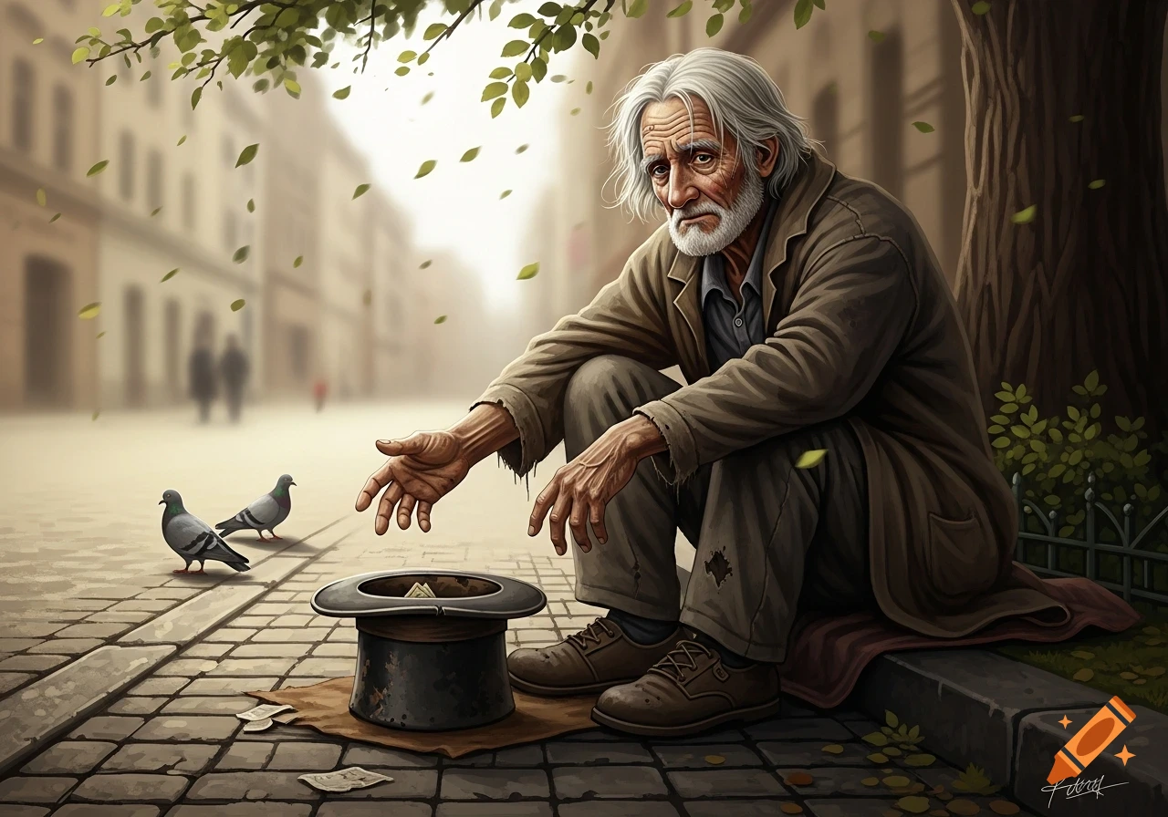 Elderly man with white hair and beard sitting on a cobblestone street with a top hat for donations. Pigeons and falling leaves are nearby.