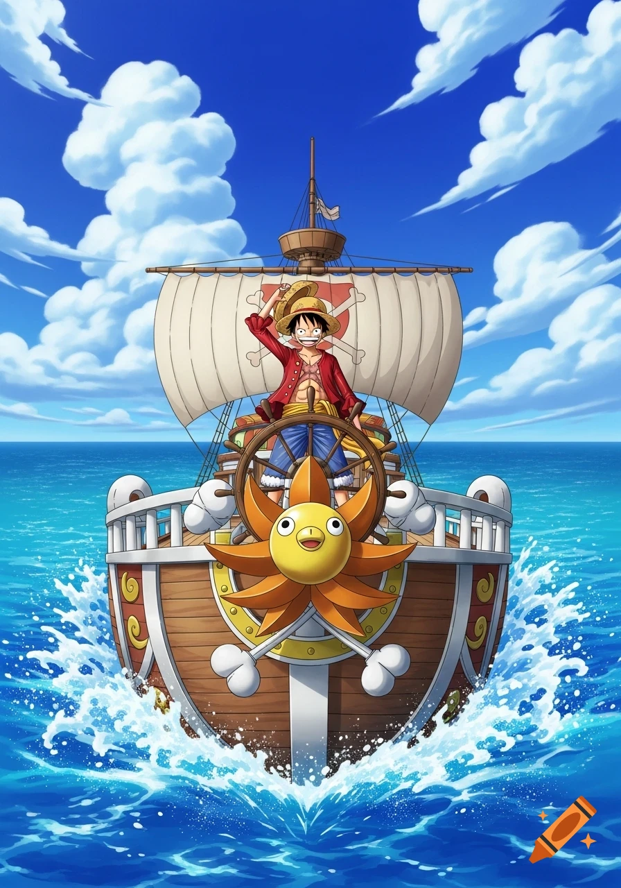 Anime illustration of Monkey D. Luffy on the Thousand Sunny pirate ship, sailing on a vibrant blue ocean under a clear sky.