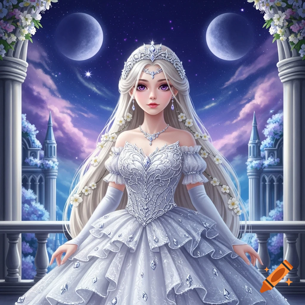 Ethereal anime princess with platinum hair, amethyst eyes, in a shimmering silver gown on a palace balcony under twin moons and nebulae.
