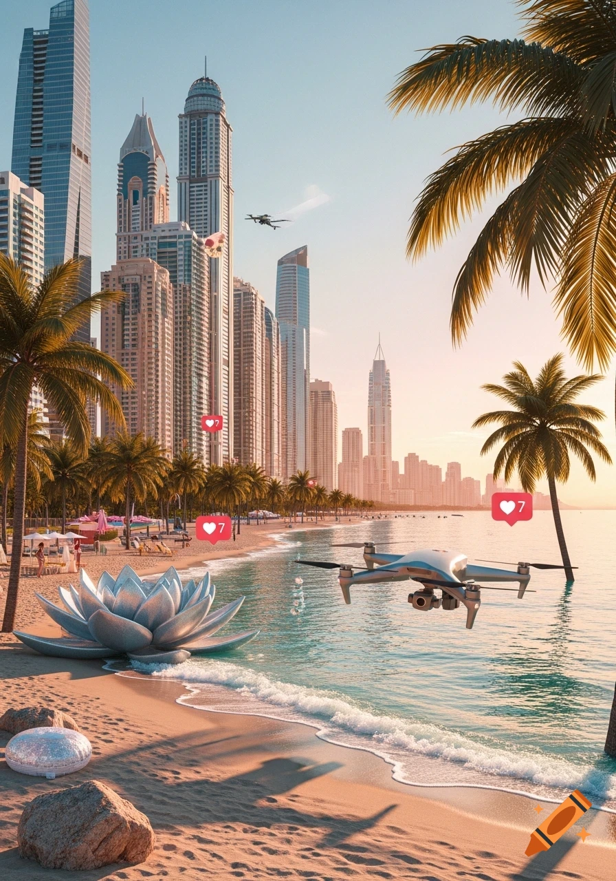 Photorealistic beach scene with skyscrapers, palm trees, a drone flying over the water, a large lotus sculpture, and social media 'like' icons.