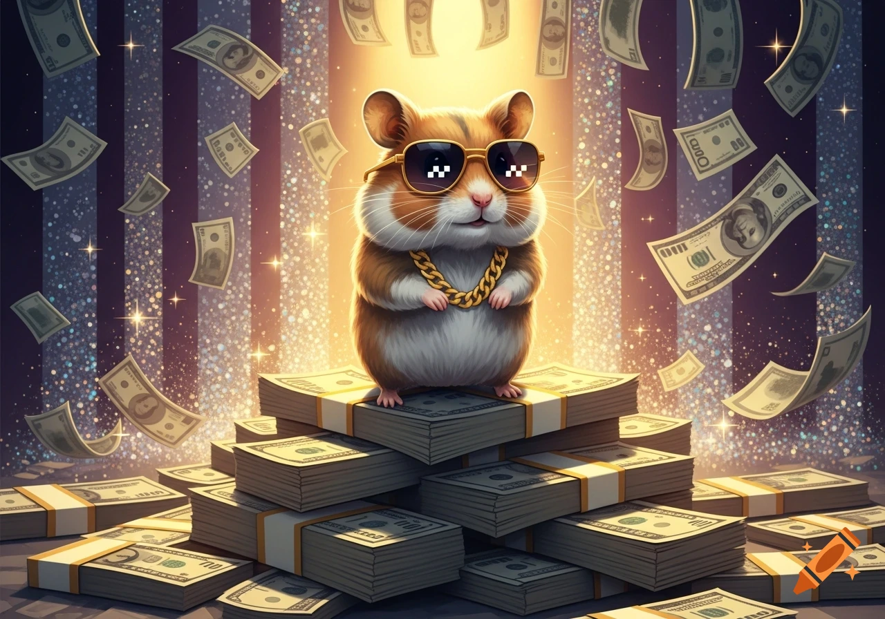 A cute hamster wearing sunglasses and a gold chain stands on a large stack of cash, with dollar bills floating down around it against a sparkling background.