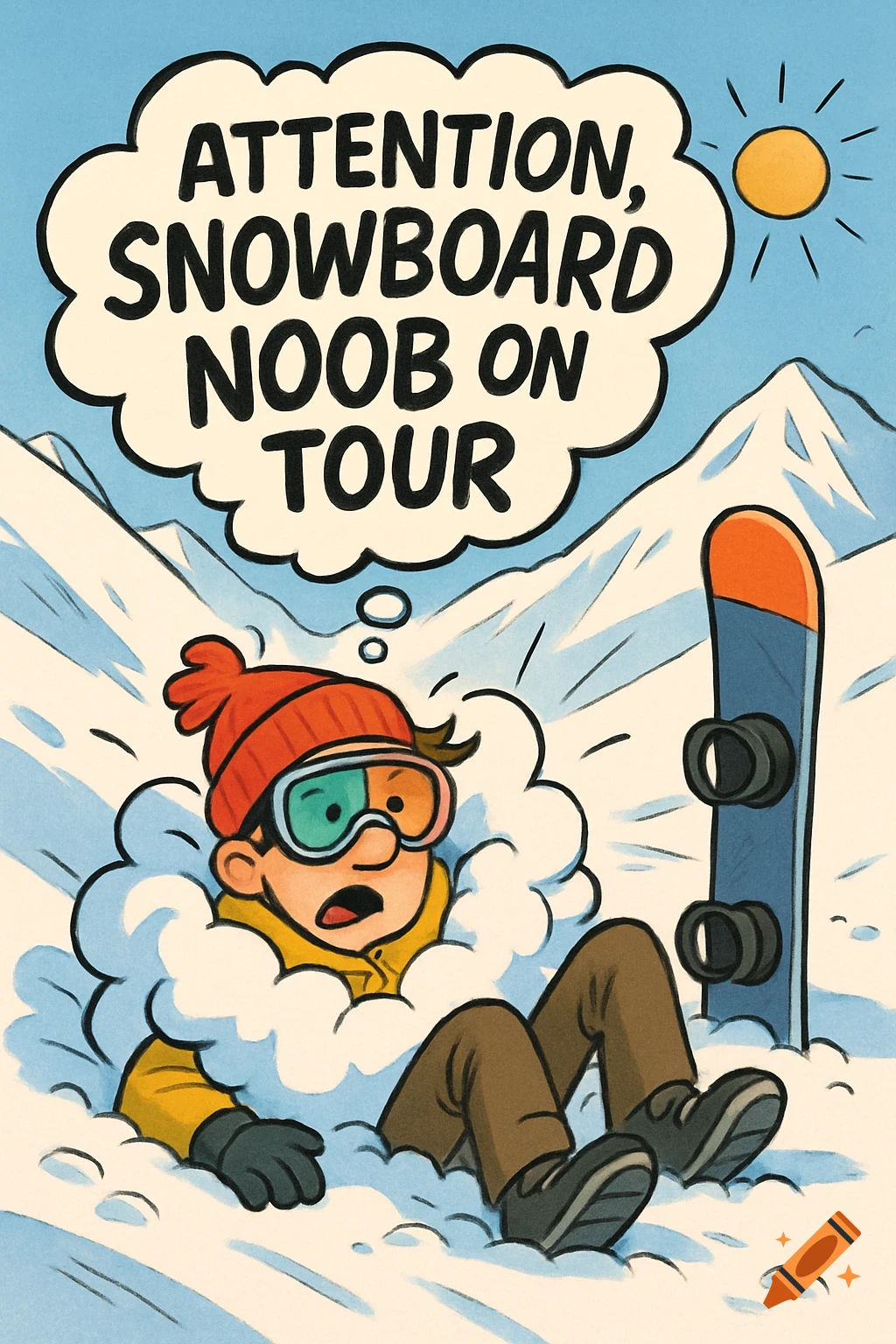 Cartoon of a fallen snowboarder in the snow with a thought bubble above his head saying "ATTENTION, SNOWBOARD NOOB ON TOUR".