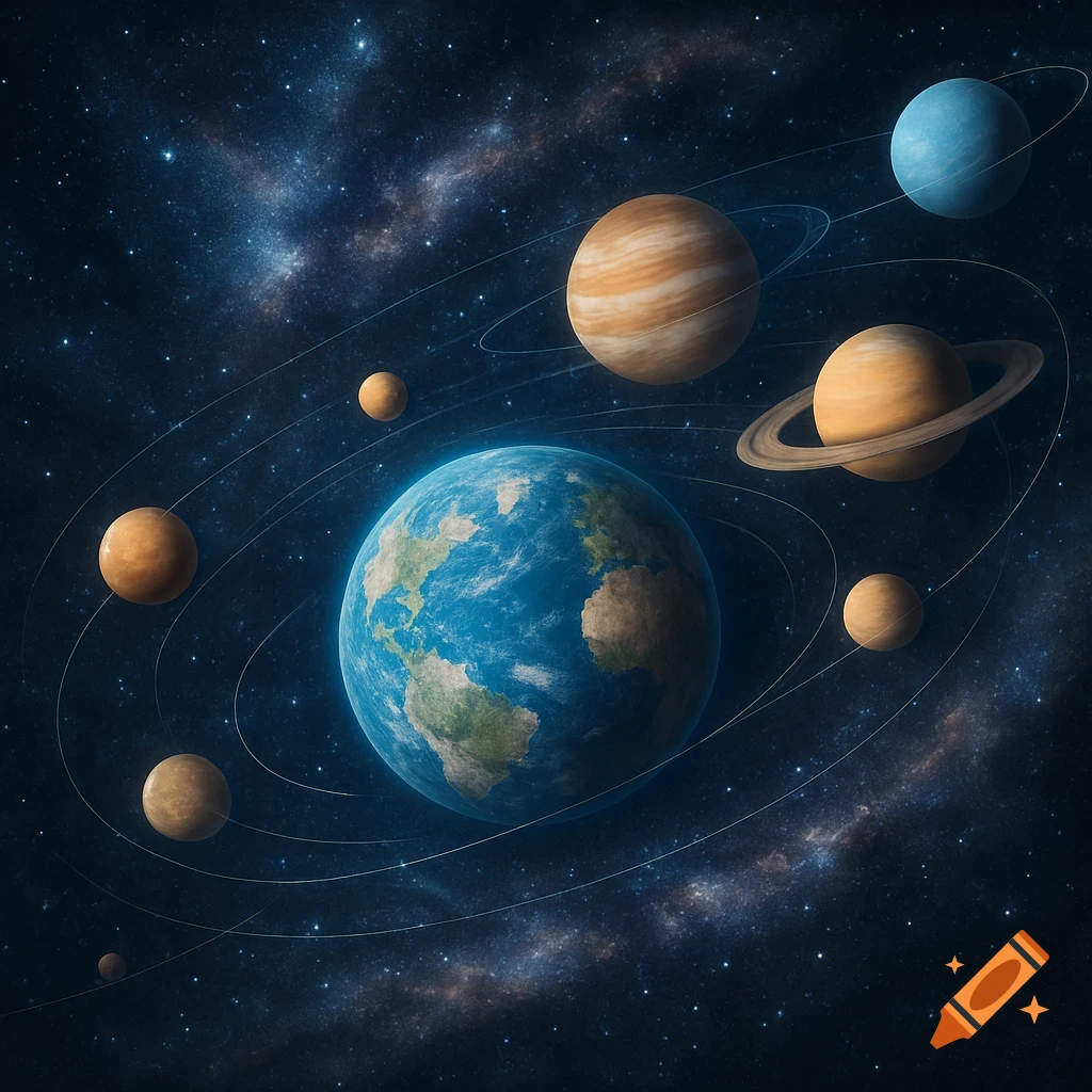 An illustrative view of Earth and multiple planets, some with rings, orbiting in a dark blue, star-filled galaxy.