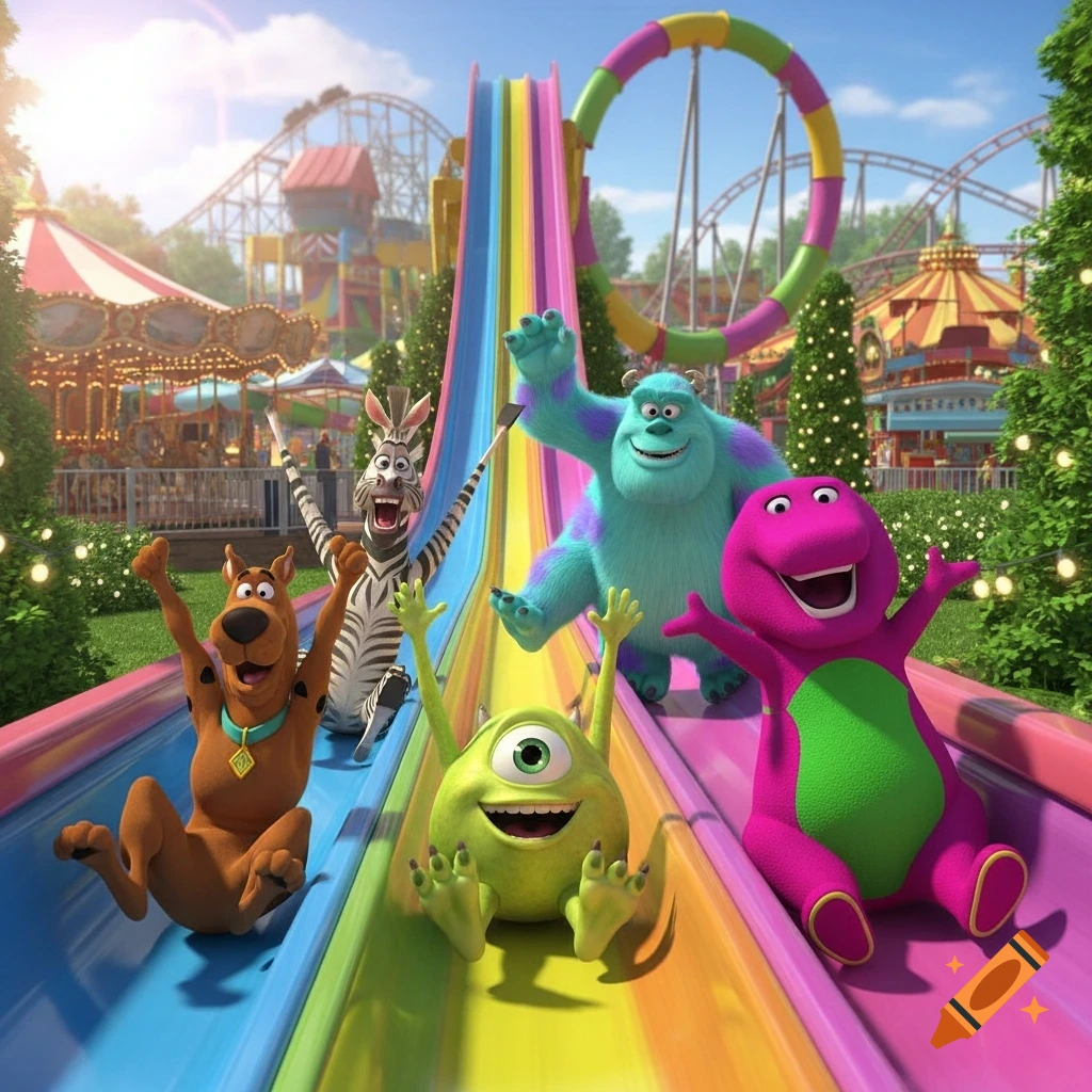 Scooby Doo, Marty the zebra, Mike Wazowski, Sulley, and Barney slide down a colorful rainbow slide at a bright 3D animated amusement park.