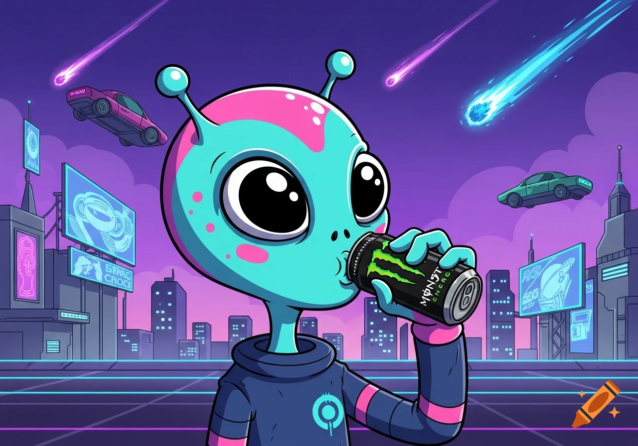 Cartoon alien with big eyes sipping a Monster Energy drink in a vibrant futuristic city with flying cars and neon accents.