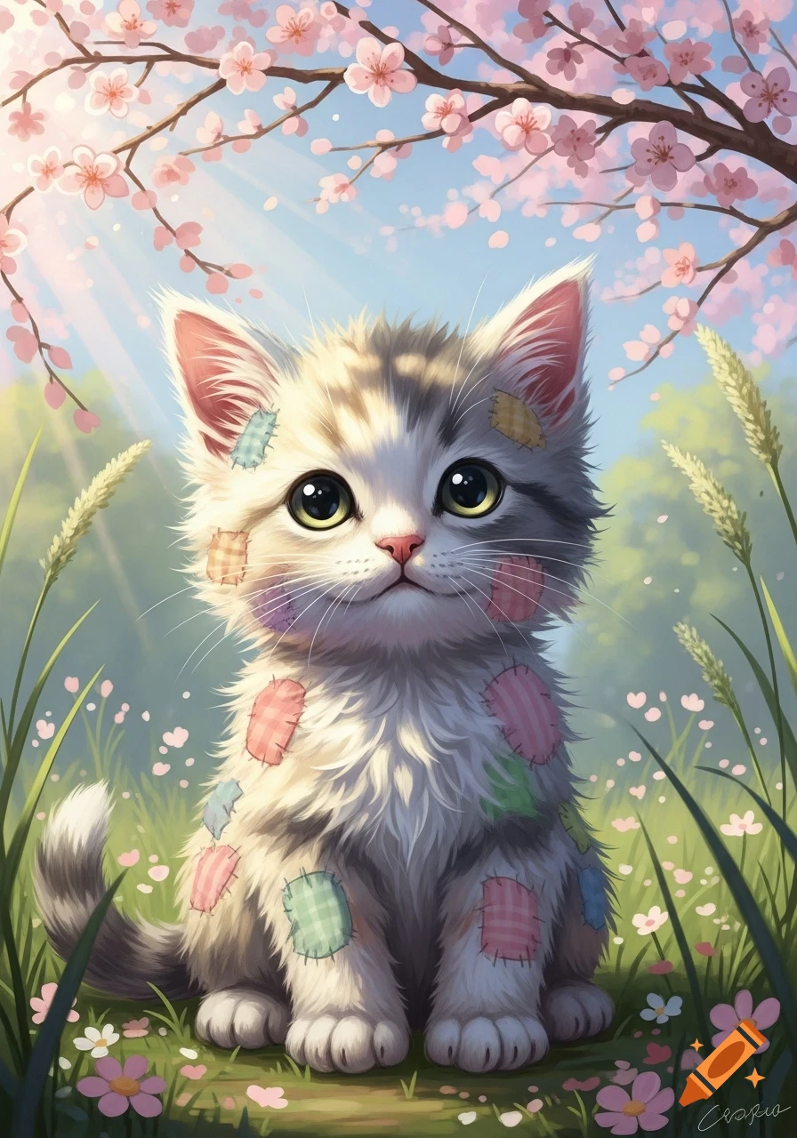 A cute, fluffy patched kitten with big eyes sits in a spring field under cherry blossom branches.