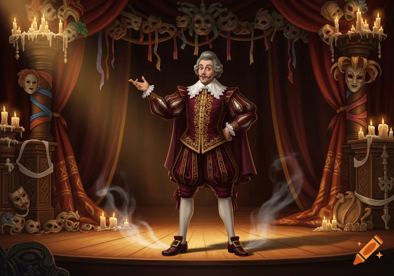 A man in 17th-century theatrical costume with a mustache stands on a stage with red curtains, candles, and masks.
