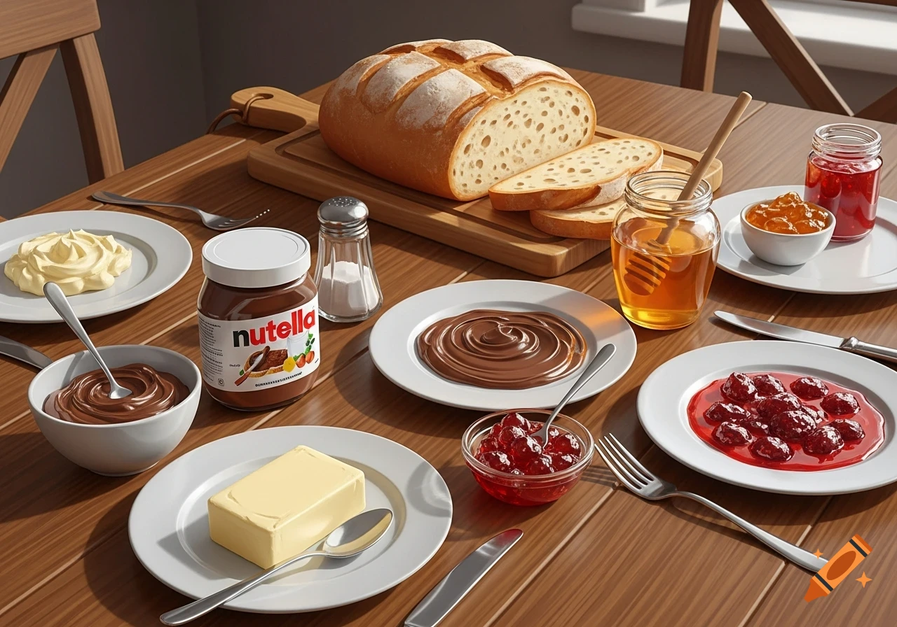 A close-up, photorealistic image of a wooden table laden with various breakfast items, including a loaf of sliced bread on a cutting board, a jar of Nutella, honey, different fruit jams, butter, and an assortment of cutlery.