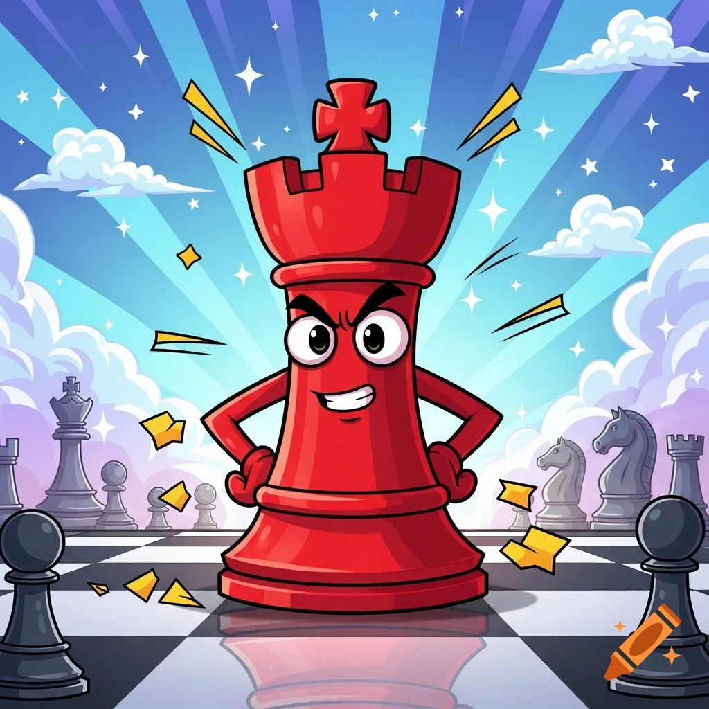 Cartoon red rook chess piece with an angry face and hands on hips, standing on a chessboard with other pieces under a starry blue sky.