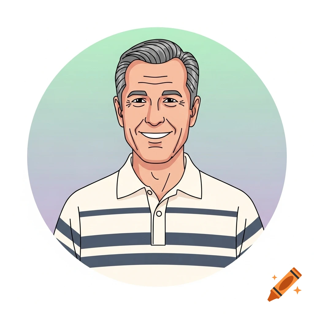 Cartoon avatar of a smiling older man with gray hair wearing a striped polo shirt.