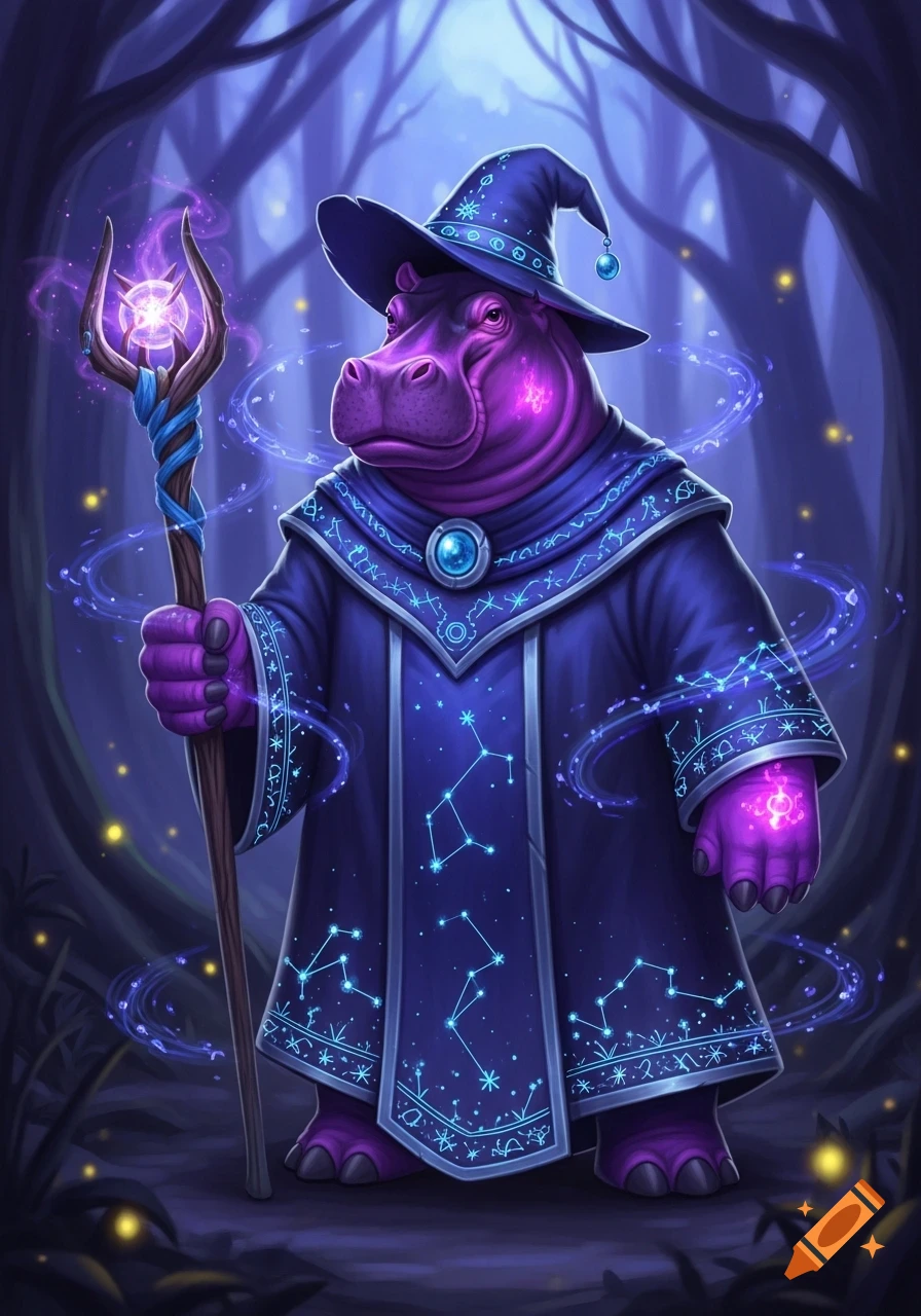 A purple hippo wizard in a starry blue robe and hat holds a glowing staff in a magical dark forest.