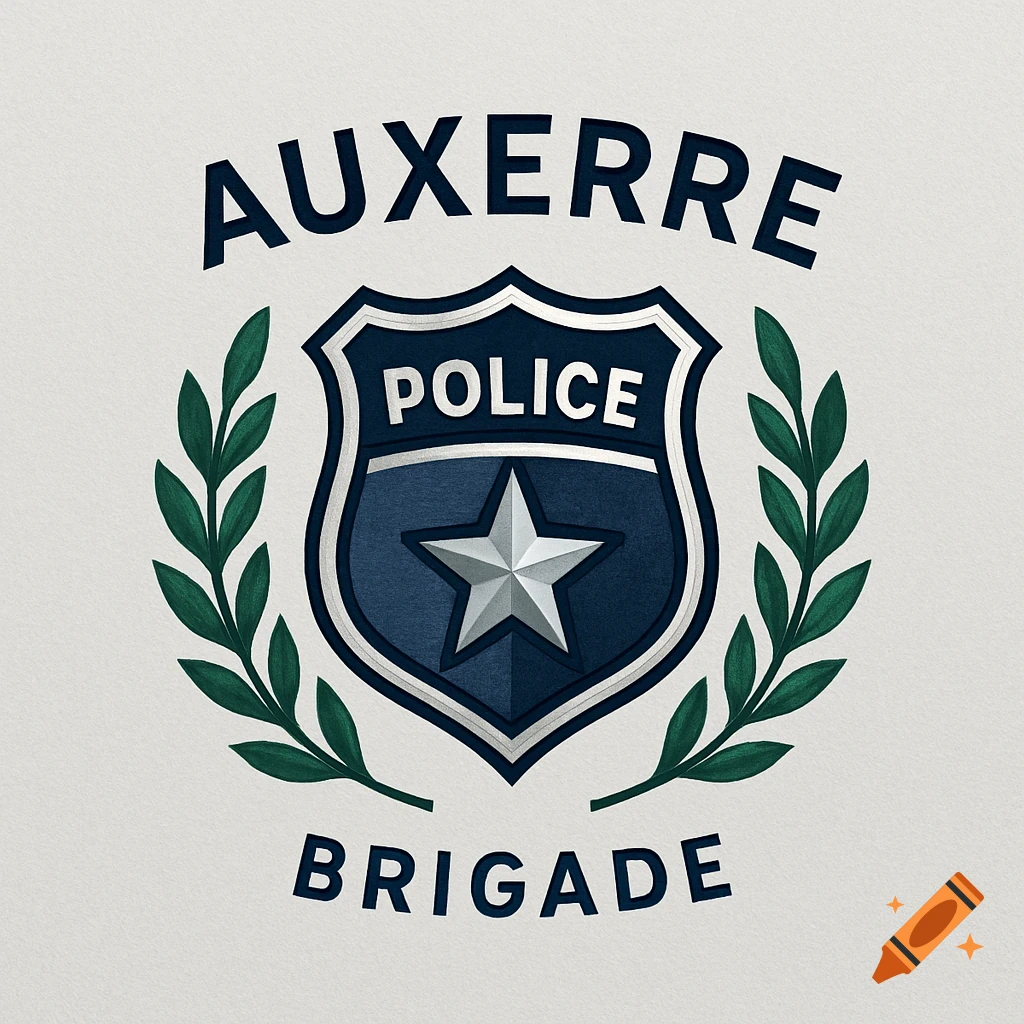 A dark blue and silver police shield logo with a star, surrounded by green olive branches, with the words 'AUXERRE' above and 'BRIGADE' below, on a textured light background.